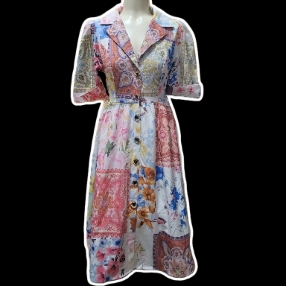 chic multicolored artist styled patchwork buttonup midi dress 𐙚 ‧₊˚ ⋅